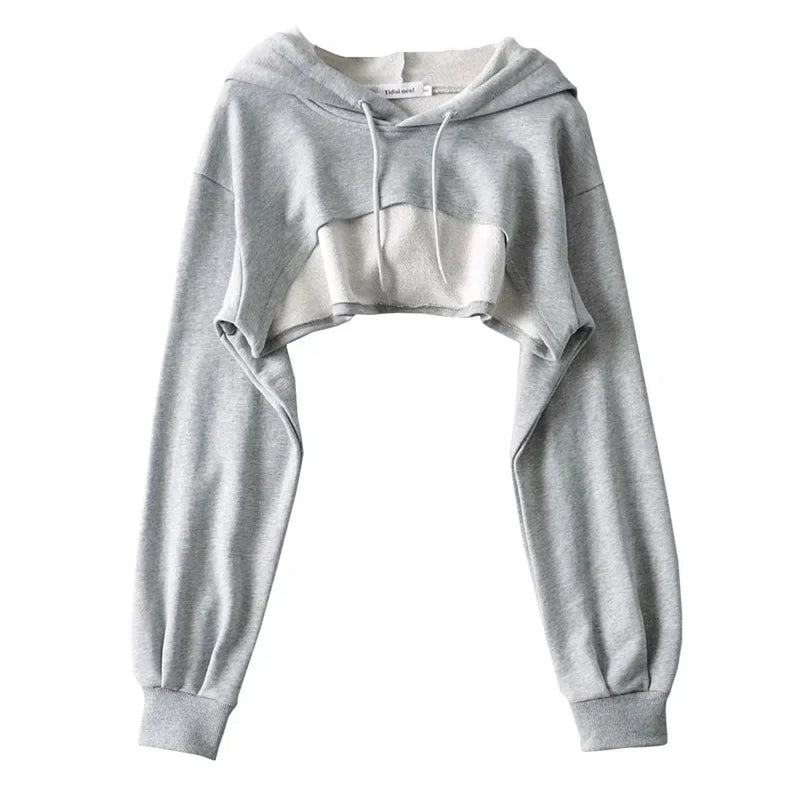YPFF Spring New Style European Cropped Sports Drawstring Hooded Sweatshirt Women's Solid Color Versatile Long Sleeve Hooded Top