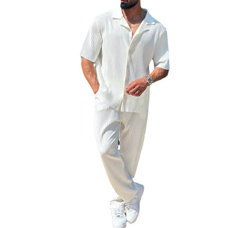 Summer Fashion Casual Loose Men's Button Open Shirt Short Sleeve Pants Set Home Vacation Thin Breathable Quick Drying 2-pie Set