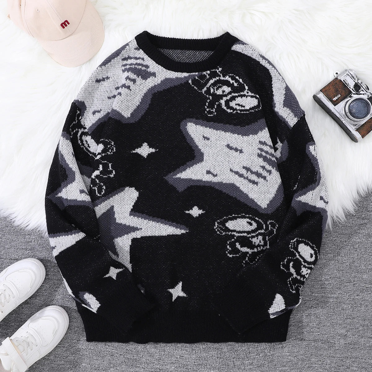 New Popular Spring & Fall Astronaut Star-Picking Jacquard Pattern Pullover Sweater Casual Round Neck Contrast Color Knitted Men'
