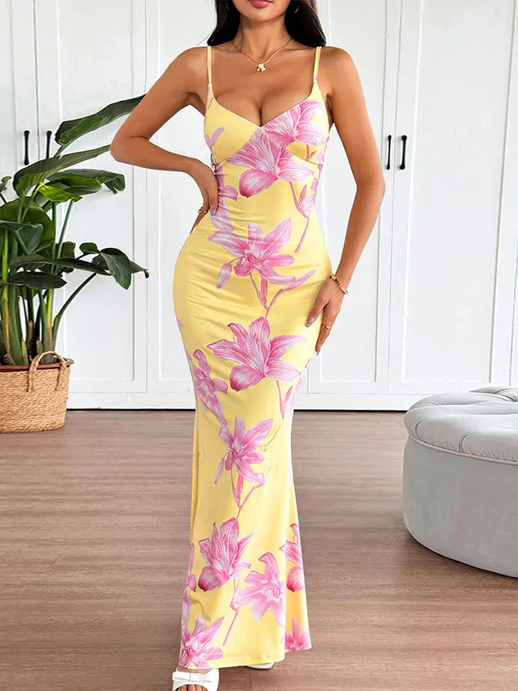 Women Sling Maxi Dresses Summer New Streetwear Fashion Print Casual Slim Dress Sexy Backless V-Neck Elegant Lady Dress Clothing