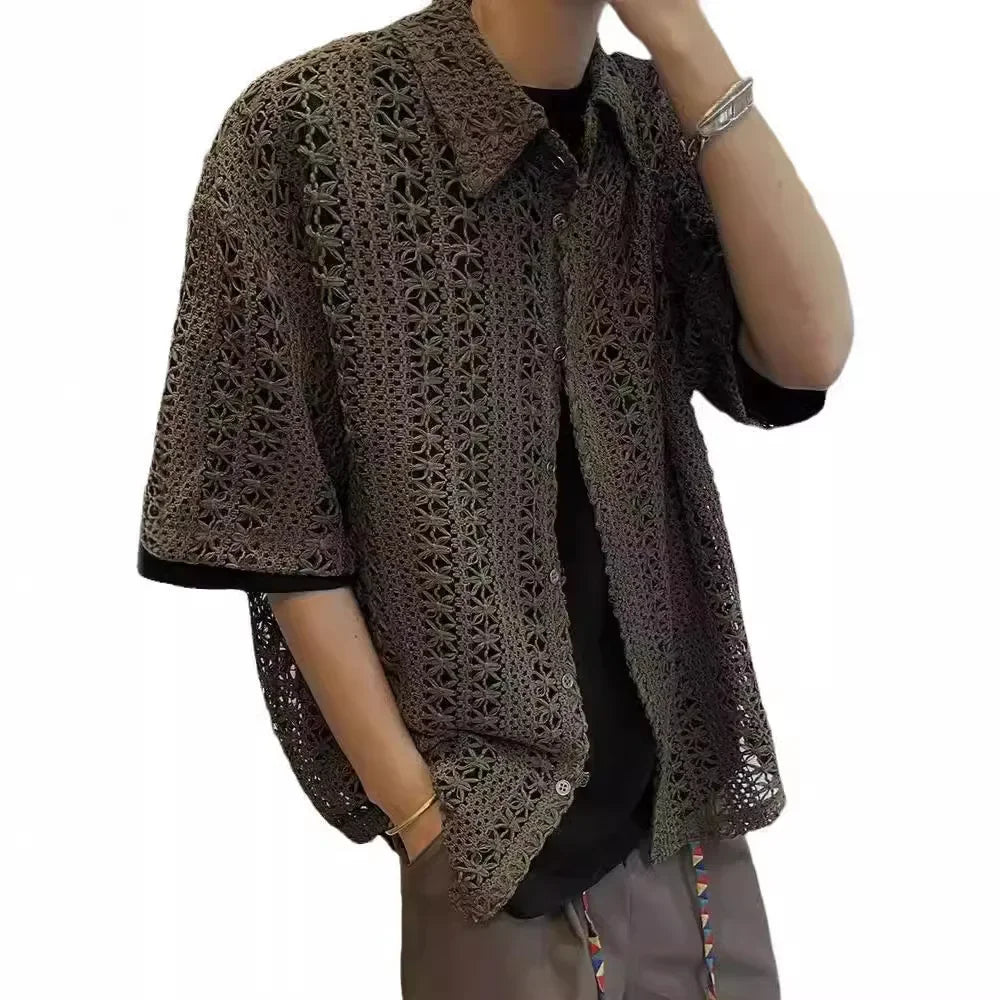 Summer American Style Vintage Distressed Versatile Military Green Knit Hollow Breathable Loose-fit Casual Short Sleeve Shirt Men