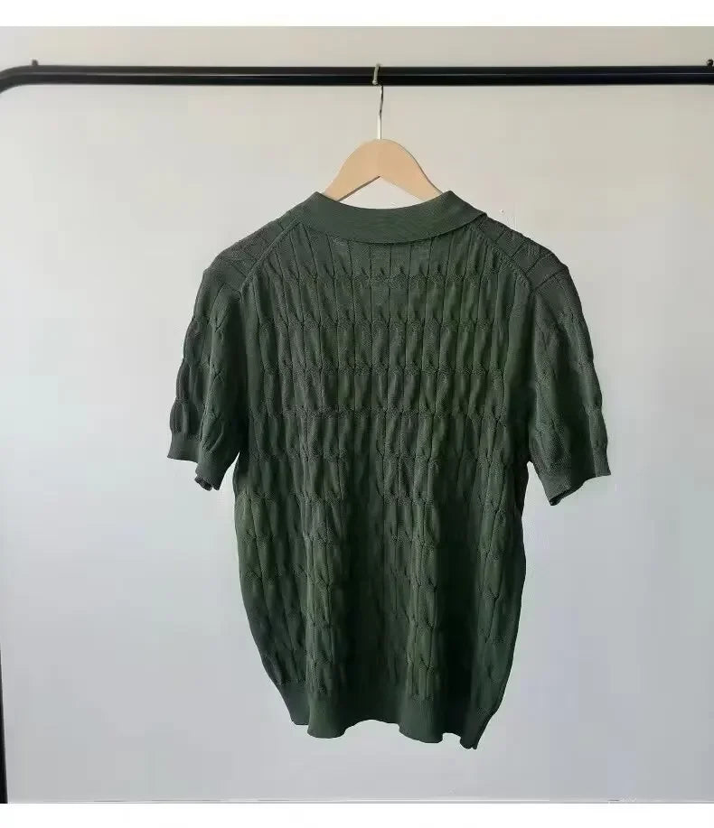 Summer New Light Maturity Knitted Polo Shirt Men's Korean Style Slim Fit Collar Pure Color Casual T-Shirt Cross-Border
