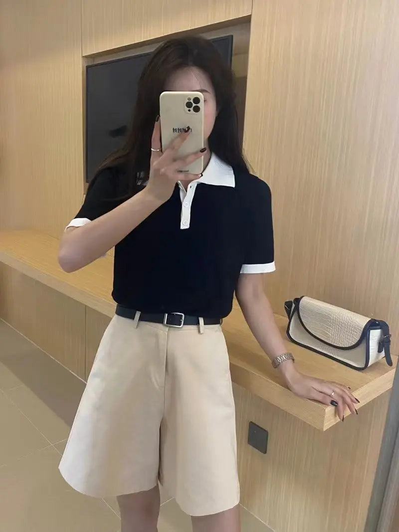 College Style Summer New Knitted Short-sleeved Ice Silk T-shirt Women's Polo Shirt Design Niche Short Underwear Top