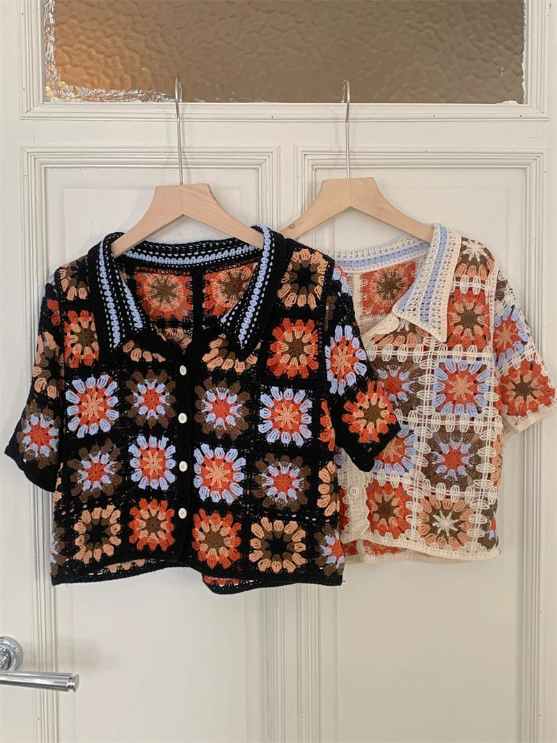 Granny Square Crochet Top Short Sleeve Collared Sheer Open-knit Button-up Crop Blouse Women Teengirl Boho Vacation Summer Outfit