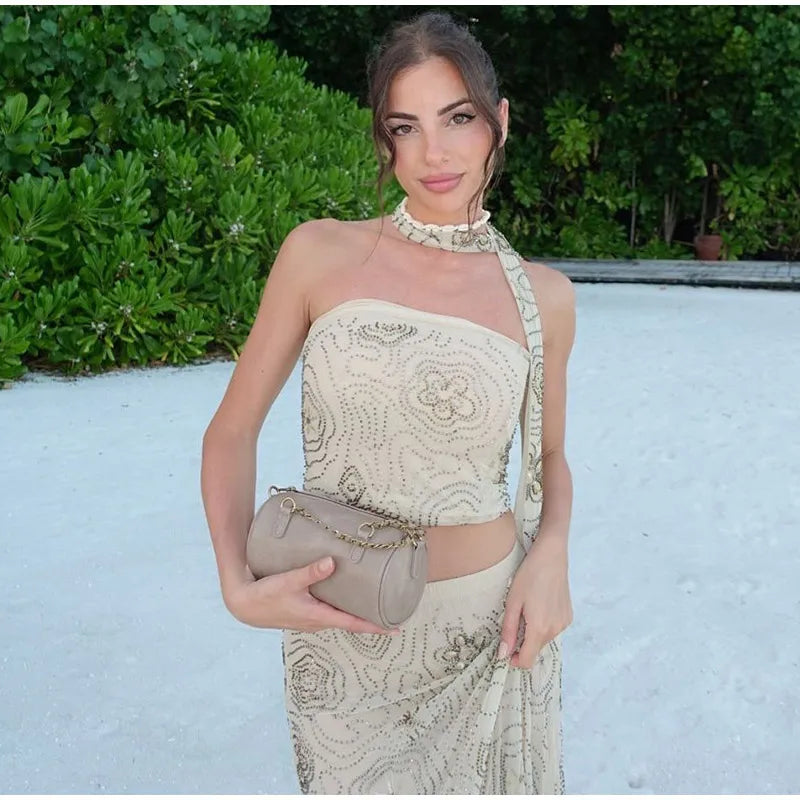 Sexy Beaded Halter Vest Long Skirt Sets Women Slim Backless Cropped Top Mermaid Skirts 2025 Summer Lady Beach Embroidery Outfits