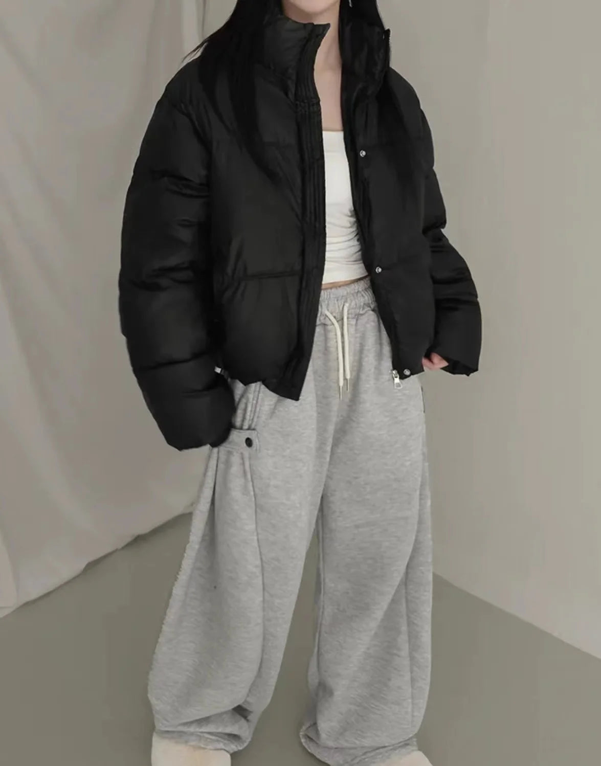 Women's Cotton Jaet 2024 New Winter ort Faion Stand Collar Bread Sle Warmth Outerwear Korean Loose Fit Zipper Closure