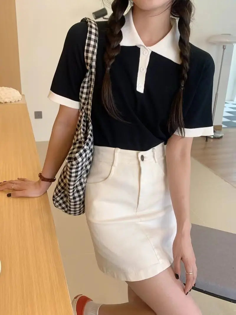 College Style Summer New Knitted Short-sleeved Ice Silk T-shirt Women's Polo Shirt Design Niche Short Underwear Top