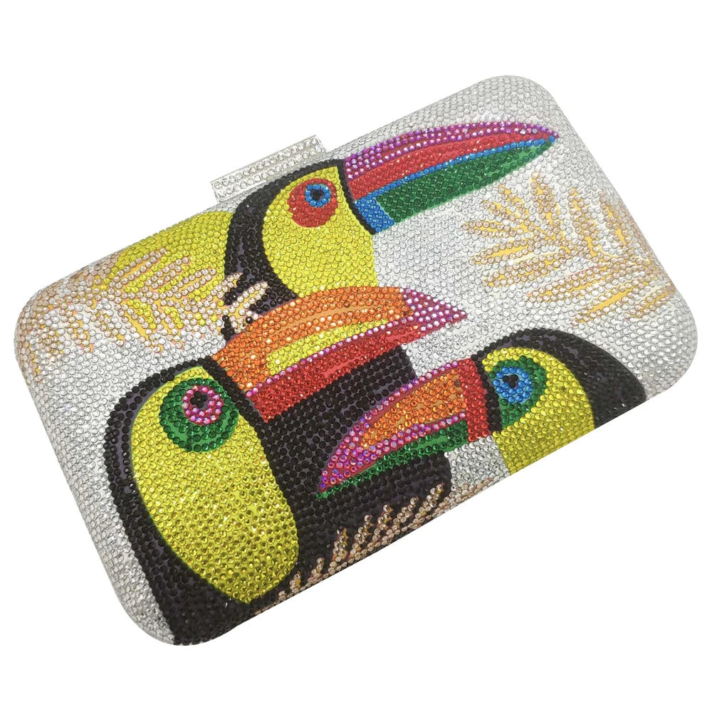 Novelty Toucan Bird Women Crystal Evening Bags Rhinestones Box Minaudiere Clutch Party Cocktail Handbag Diamond Chain Purse