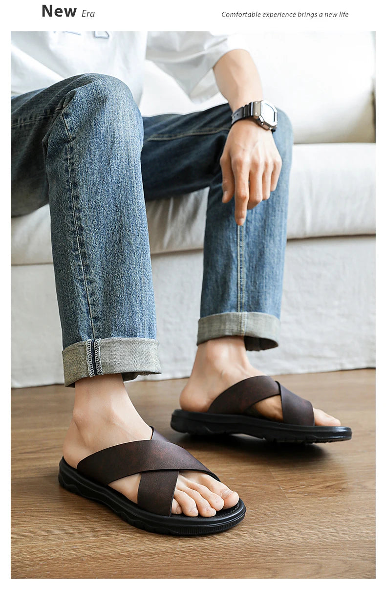 Mens Leather Slippers Comfortable Breathable Summer Big Size Sandals for Men with Soft Sole