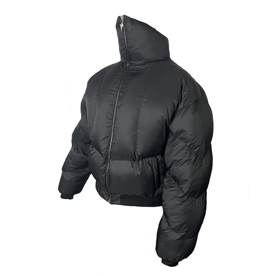 Black Stand Collar Cotton Jacket Mens Heavy Weight Winter Trend High Street Short Parkas Thickening Warm Fluffy Bread Coats