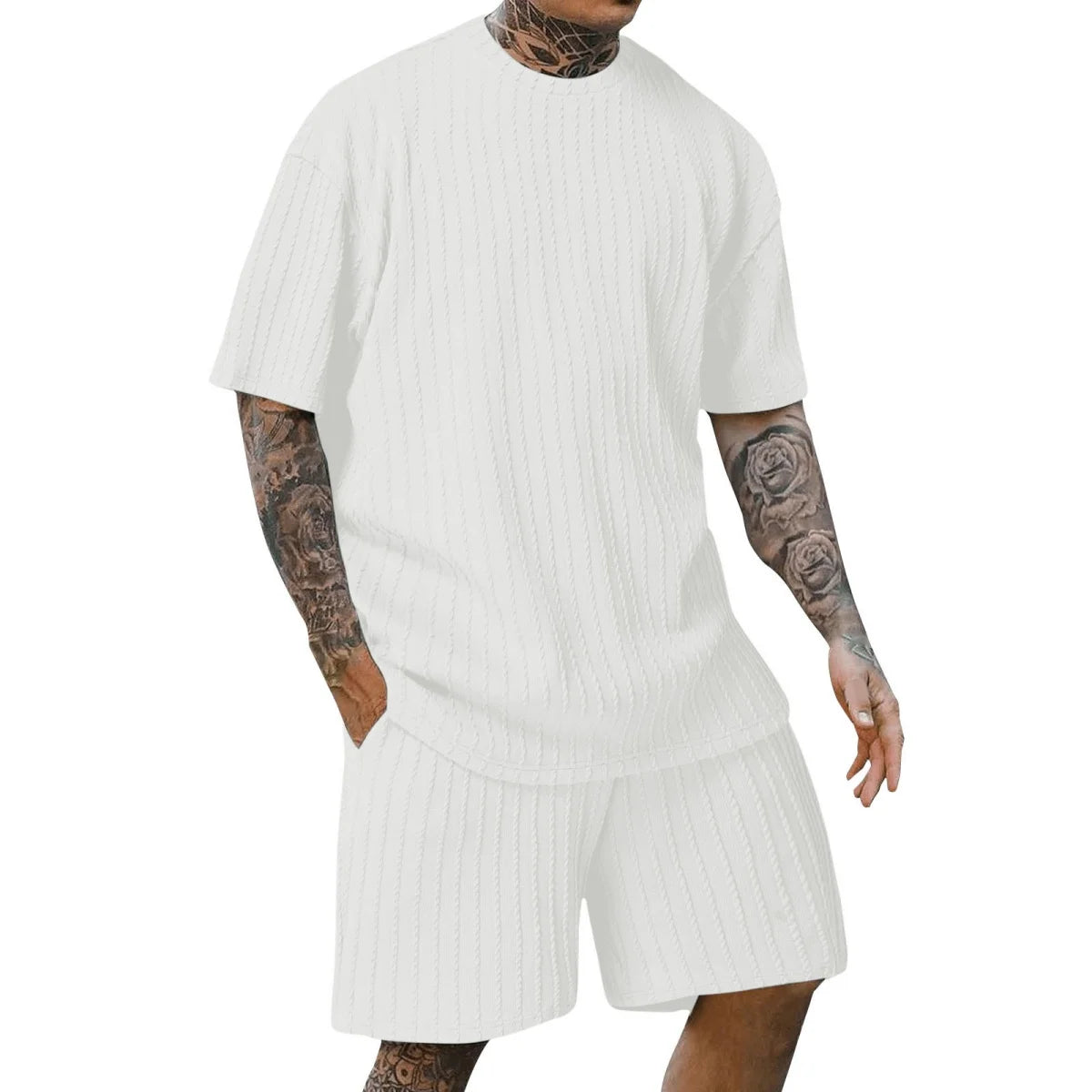 Men's new fashion summer sports solid color crew-neck vertical stripe T-shirt shorts short-sleeved suit Loose two-piece set