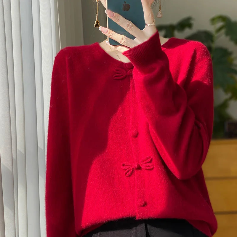 Women New Fashion Autumn Winter 100% Merino Wool Sweater O-neck Chinese Style Buckle Cardigan Soft Knitwear Female Clothing Tops