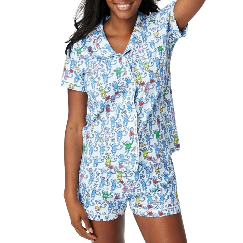 Kawaii Cartoon Print Lounge Pajama Sleepwear Women Short Sleeve Blouse Shirt Top + Shorts Y2K Vintage Comfy 2 Piece Set Outfits