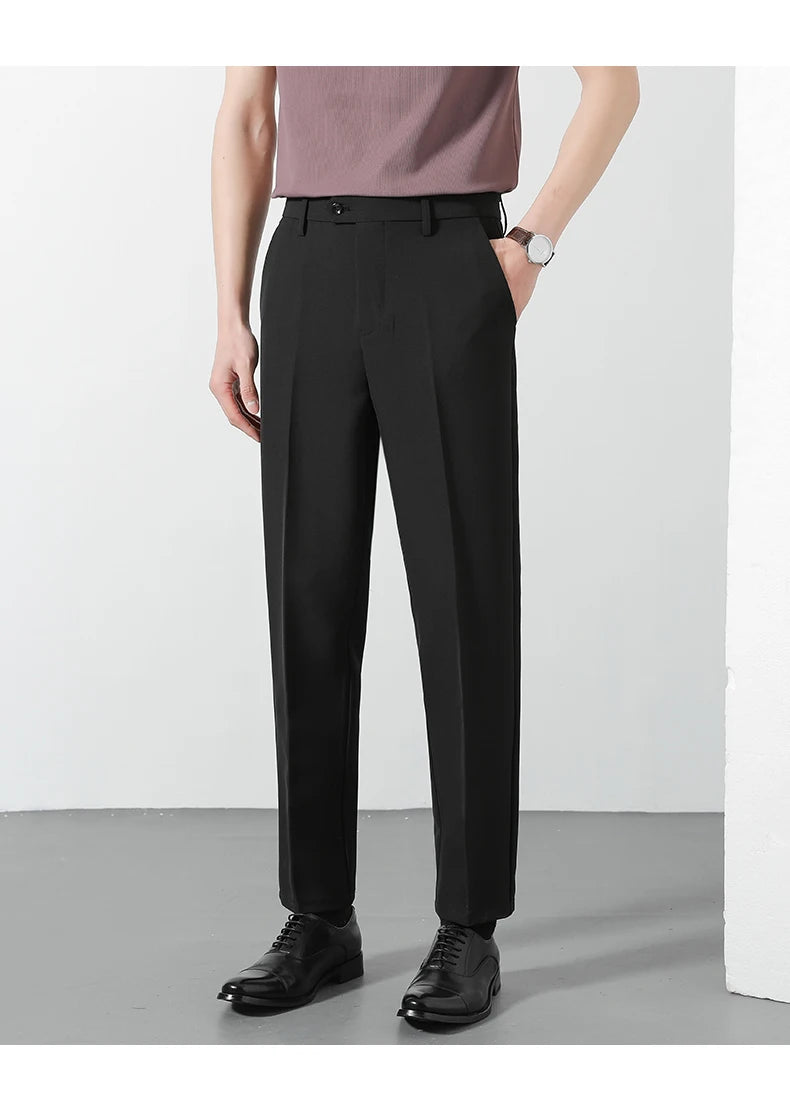 Spring Summer Suit Pants Men Business Smooth Slim Business Office Social Elastic Waist Ankle Length Formal Korean Trousers Male