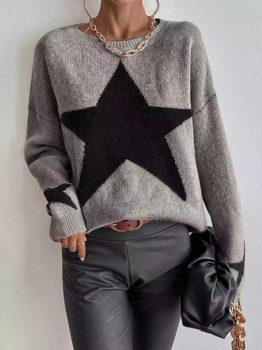 Star Sweater Pullover Women Autumn Spring Simple Knit Elastic Pullovers Jumper Casual Thick Warm Black White Basic Jumpers