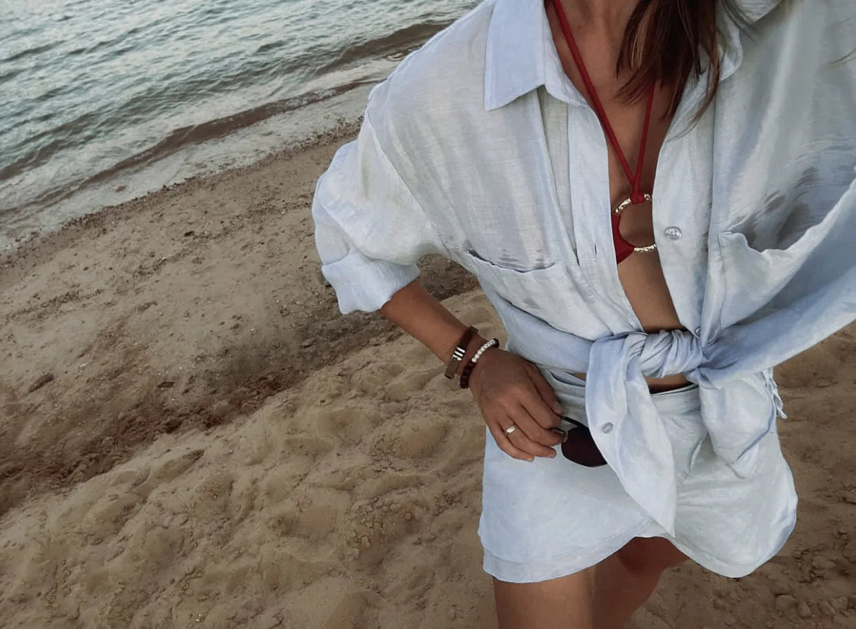 Casual 2 Piece-Set Summer Female Cover up And Ruffled Mini Skirt Lace-Up Beach Holiday See-Through Loose Women's Outfits
