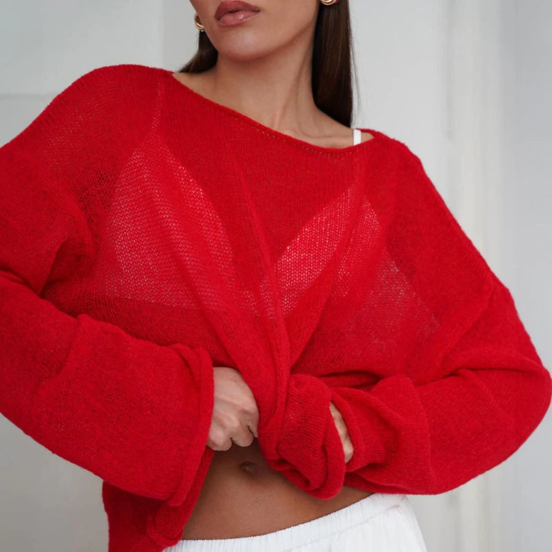 MSCSZ Red Long Sleeve Oversized Sweater Women Transparent Knitted Sweater 2025 Spring Autumn Cozy Sweaters Pullover Tops