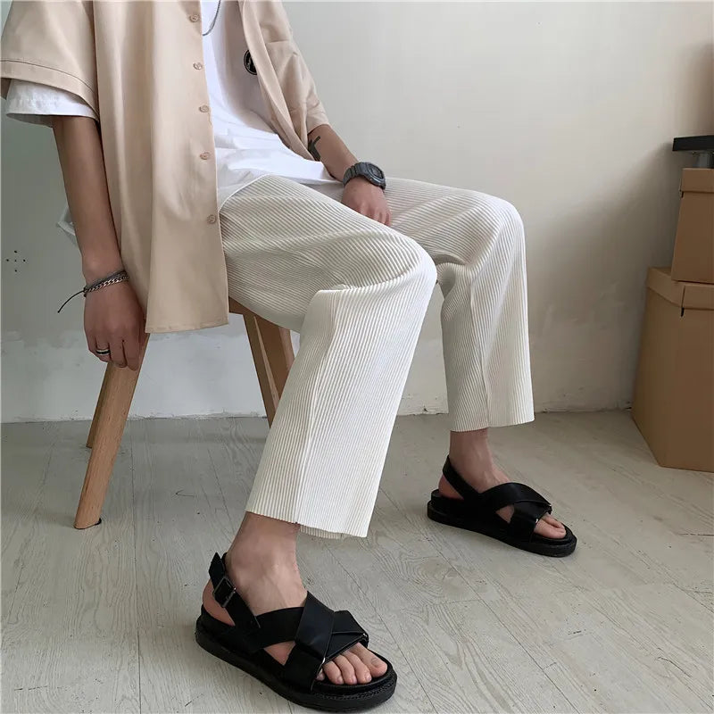 Pleated Pants Men Summer Straight Casual Pants Men Japanese Streetwear Loose Ice Silk Pants Mens Wide Leg Pants Man Trousers