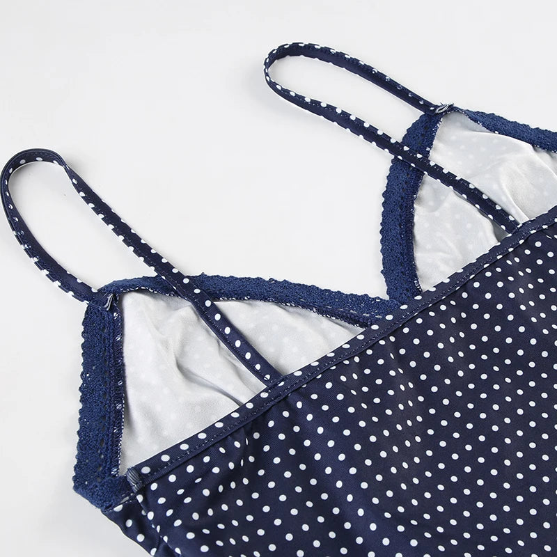 Darlingaga Fashion Polk Dot Printed Mini Camisole Women's Lace Patchwork Spaghetti Strap Summer Beach Cropped Tops Backless Y2K