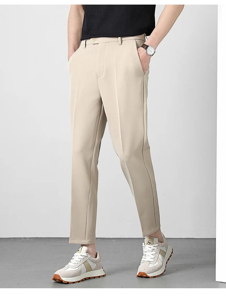 Spring Summer Suit Pants Men Business Smooth Slim Business Office Social Elastic Waist Ankle Length Formal Korean Trousers Male