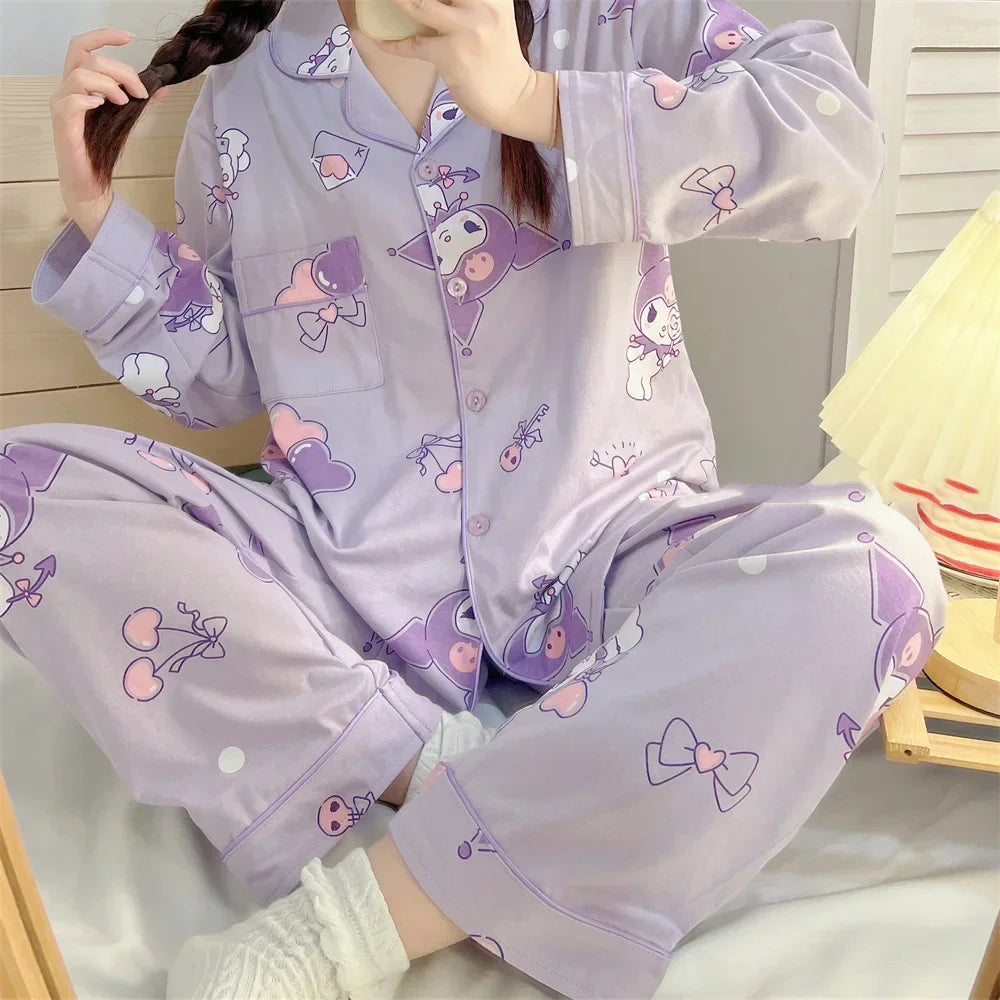 Sanrio Kuromi Hello Kitty Melody Pajamas for Women Kawaii Cartoon Loose Sleepwear Pajamas Sets Short Clothes Christmas Gift
