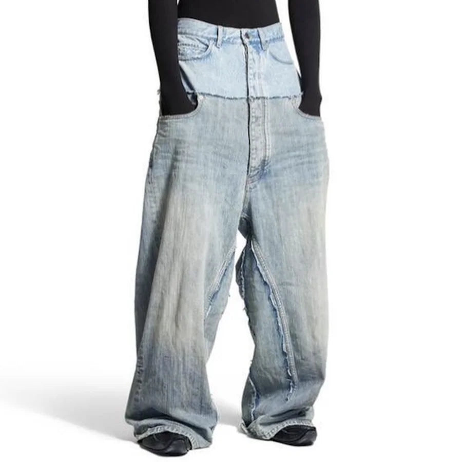 CUT-UP Double-layer Double Waist Patchwork Baggy Jeans for Men and Women Straight Casual Loose Denim Trousers Oversized