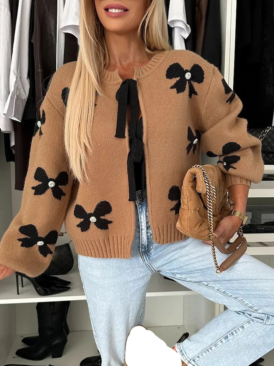 Combhasaki Women's Autumn Y2K Elegant Sweater Cardigan Lantern Long Sleeve Bow Print Pearl Decor Tied Split Front Knitwear Tops