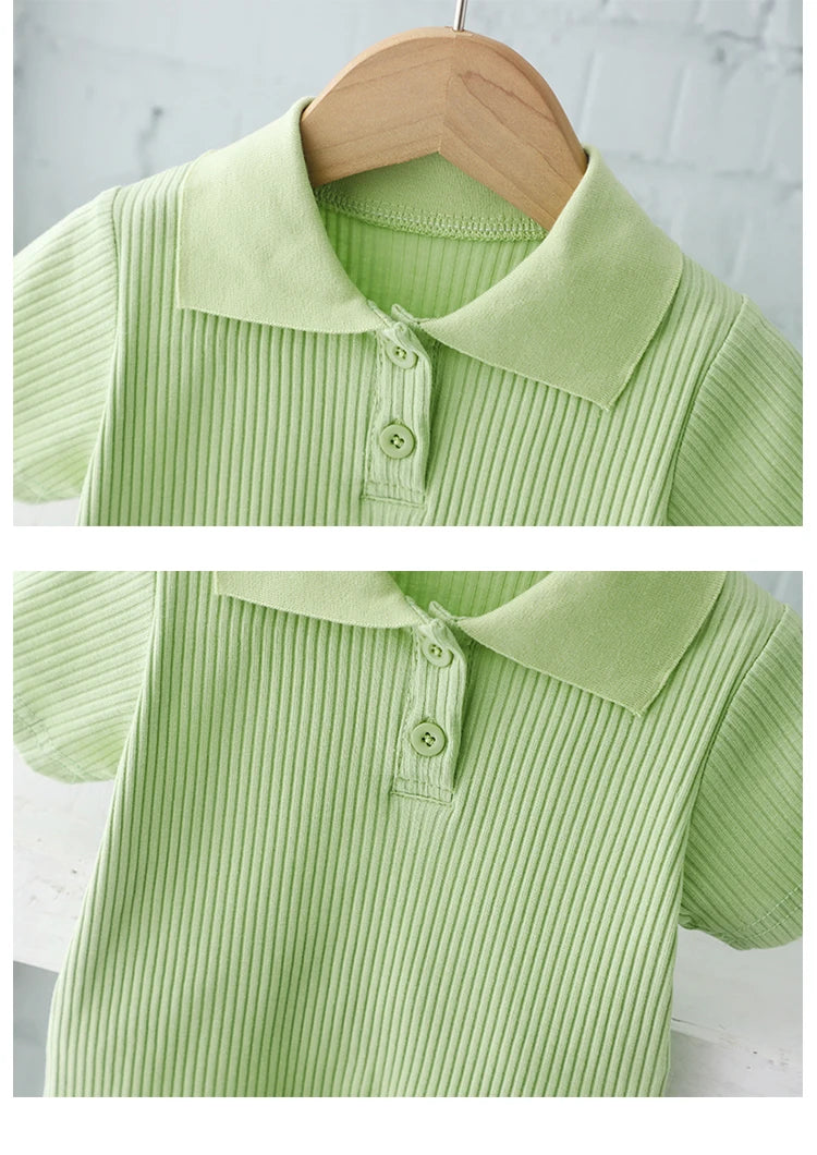 Summer Girls T-Shirt Set Short Sleeve Lapel Pullover Tops Elastic Waist Straight Pants Girl Casual Clothes 2Pcs Suits