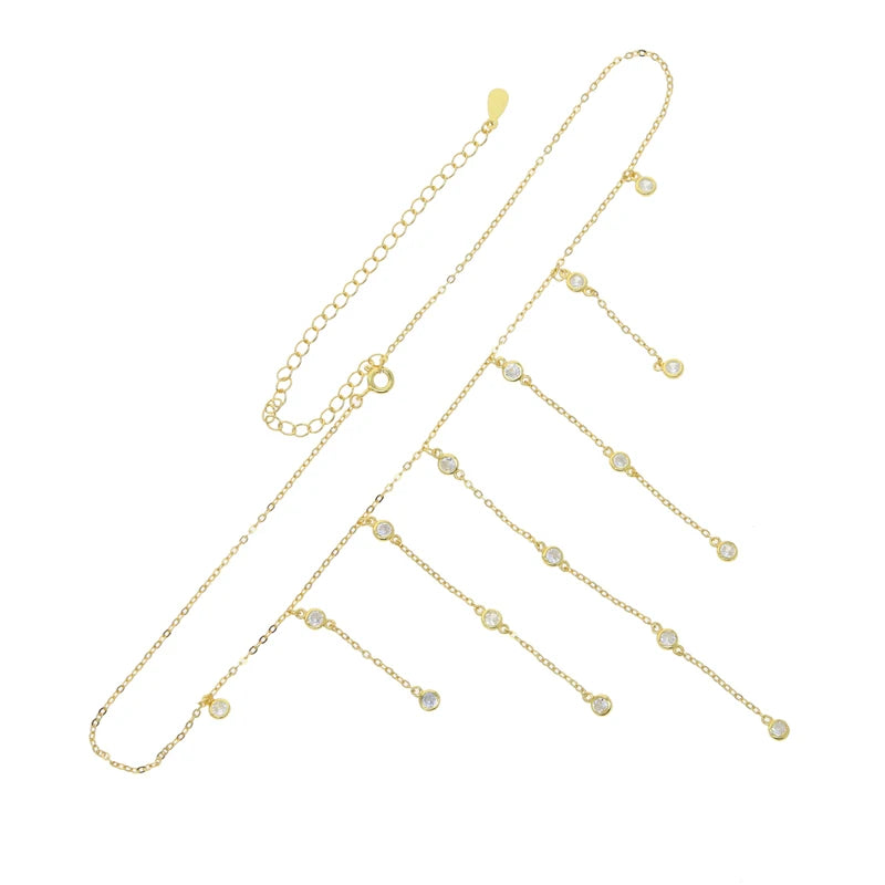 Sexy Long Y Lariat Women Necklace CZ Iced Out Bling Tiny Round Zircon Stone 925 Sterling Silver 35+10cm Choker Fashion Jewelry