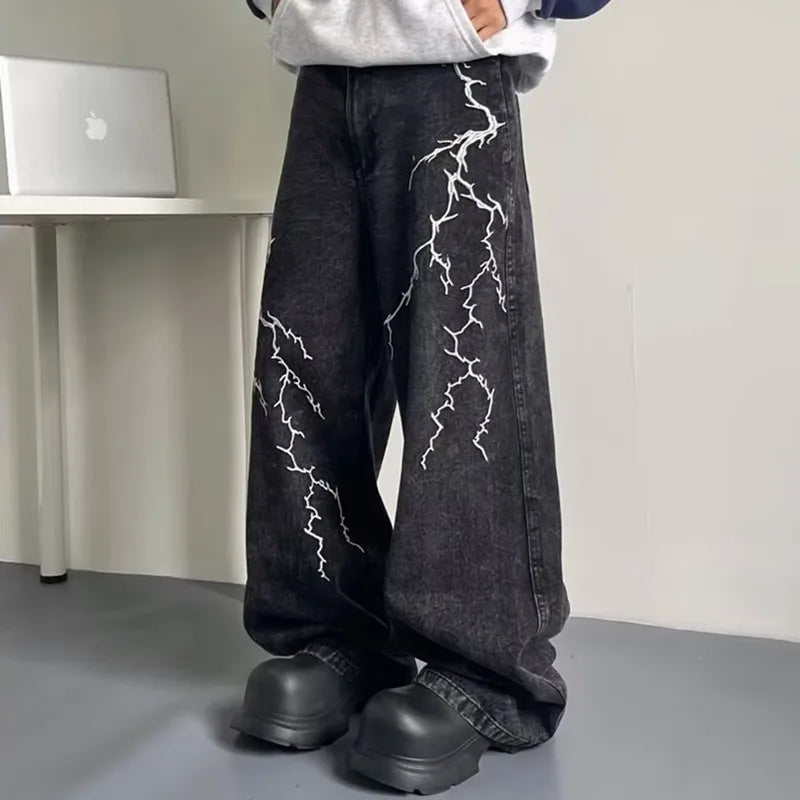 2024 Cyber Y2K Streetwear Embroidery Lightning Black Baggy Jeans Pants Men 90S Vintage Clothes Wide Leg Hip Hop Long Trousers