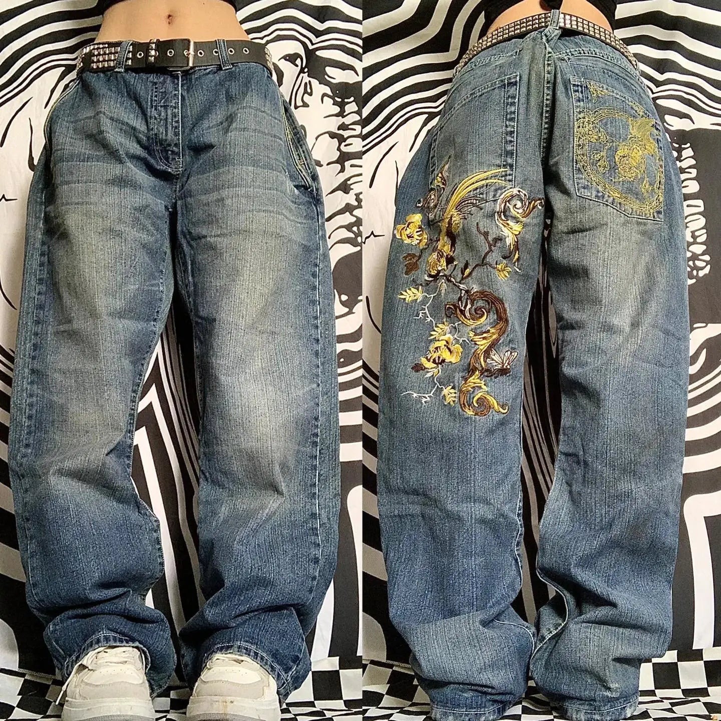 New High Waist 2025 American Retro Plant Flower Print Ladies Commuter Wide-leg Jeans Youthful and Beautiful Out of The Street
