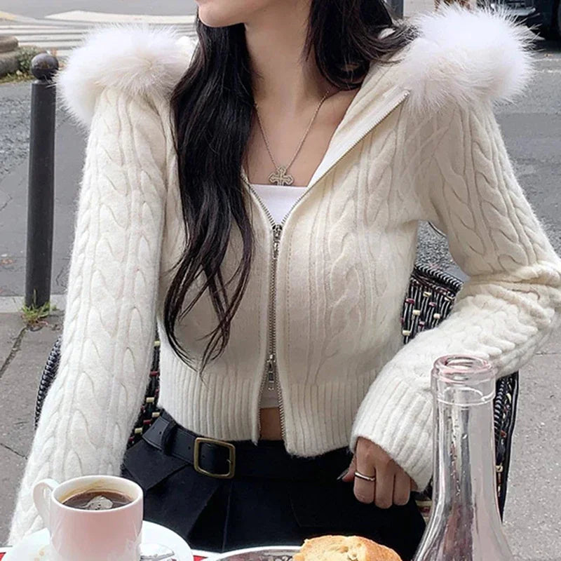 Korean Style White Twisted Autumn Cardigan Crop Knit Fluffy Zip Up Knitted Sweater Hooded Jacket Faux Fur Trim Collar