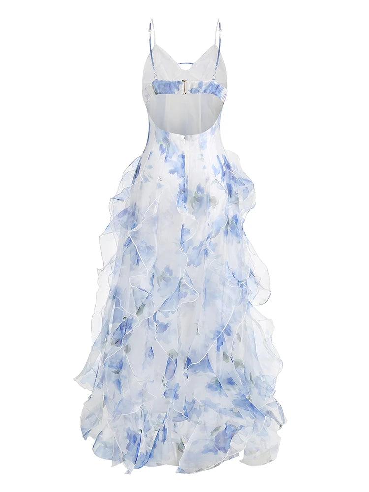 New Sexy Sleeveless V Neck Printed Ruffles Long Dress Women Spaghetti Strap Floral Printing Split Dress Holiday Party Sundress