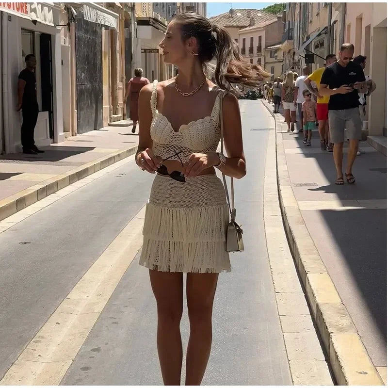 New Sexy Women's Hollow Knitted Camisole Vest Set High Waisted Fringe Solid Color Slim Fit Mini Skirt Suit Female Beach Outfit