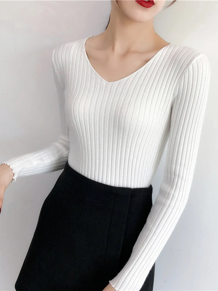 2025 V Neck Women Autumn Winter Sweaters Slim Knitted Pullovers Soft Warm Solid Jumper Female Sweater Casual Knitwear Jersey Top