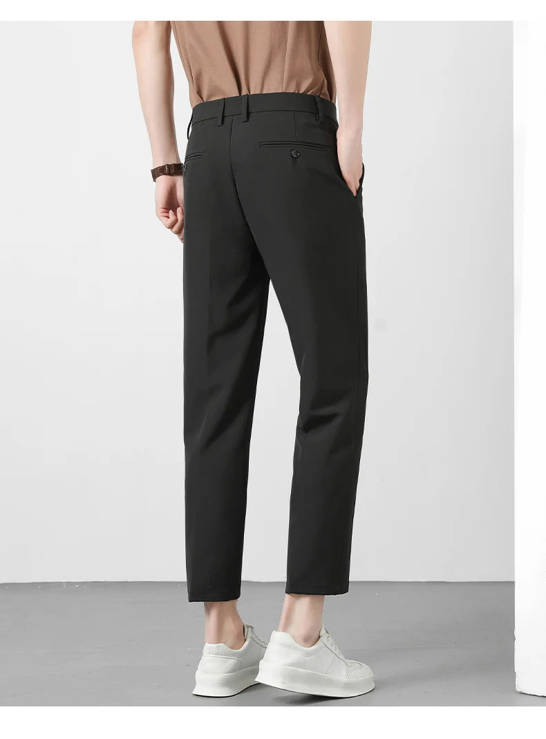 Spring Summer Suit Pants Men Business Smooth Slim Business Office Social Elastic Waist Ankle Length Formal Korean Trousers Male