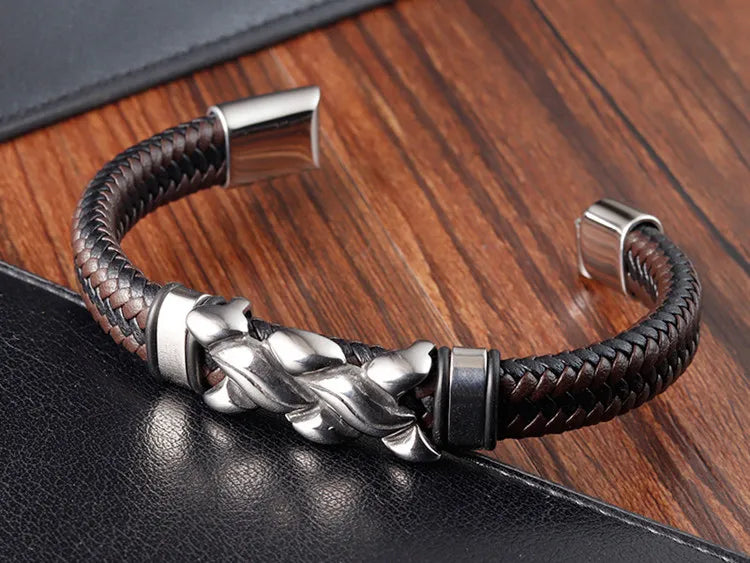 Luxury Quality Vintage Jewellery Accessories Man'S Stainless-Steel Leather Chunky Bracelets For Men