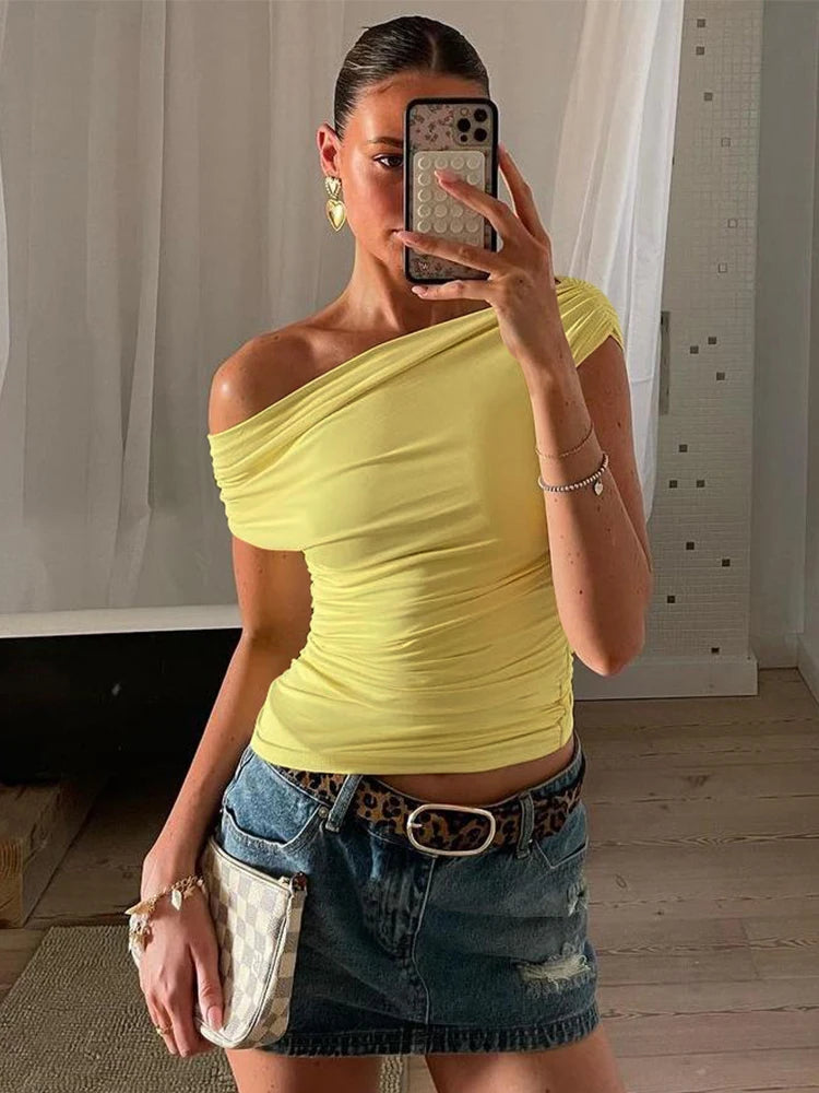 Weird Puss Irregular Women Tank Tops Shirring Shoulder Ruched Summer Chic Fashion Solid Hottie Simple Basic Streetwear Slim Vest