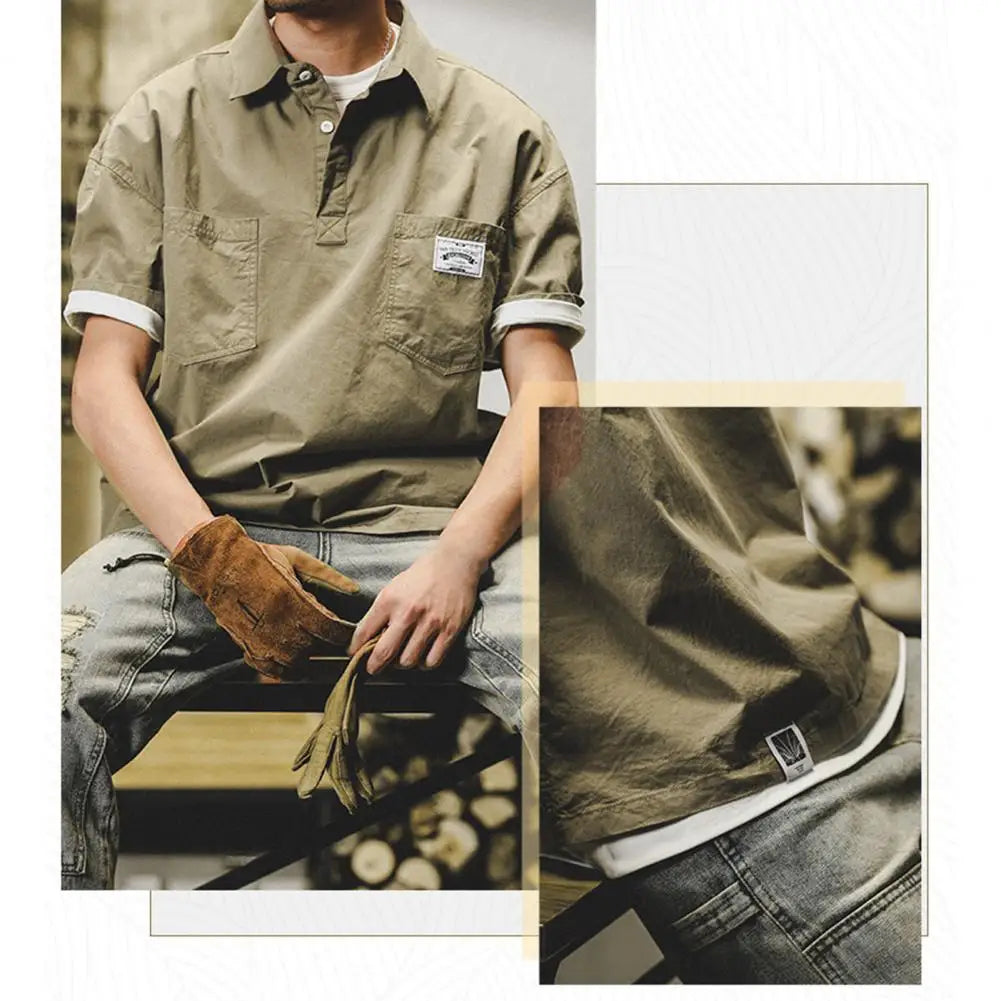 Man Shirts Summer Cargo Shirt American Retro Loose Short Sleeves Lapel Men Tops Work Shirt Multi Pockets Half Sleeve Casual Tops