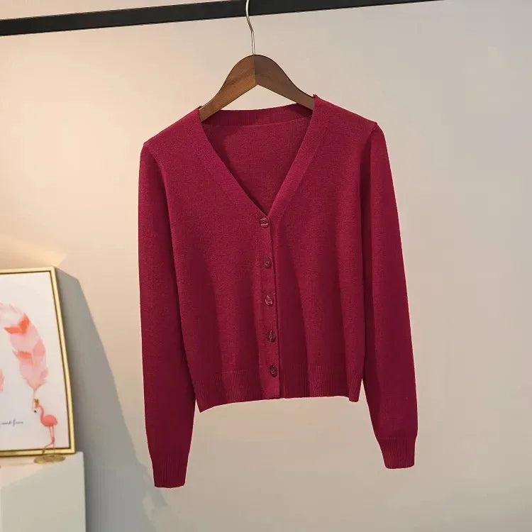 Sweater knitted cardigan button jacket 2024 autumn winter V-neck long sleeve casual short tops for women sweater Grey White
