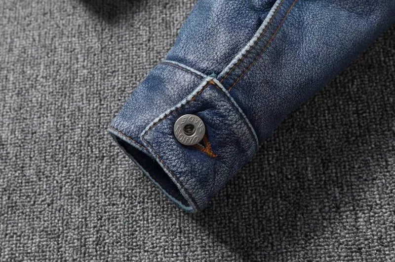 New Navy Blue Top Layer Cowhide Genuine Leather Jacket Men's Short Slim Fit Retro Motorcycle Lapel Casual Jacket Trendy
