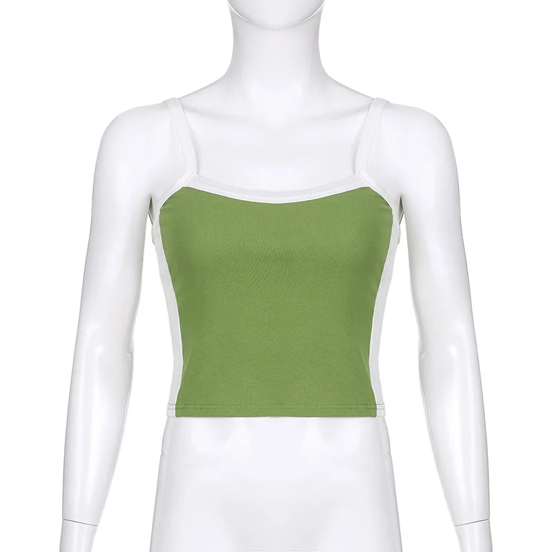 2025 Summer Casual Cami Backless Y2k Vintage Tank Top WomenSleeveless Knitted Crop Tops Green Sexy Basic Patchwork