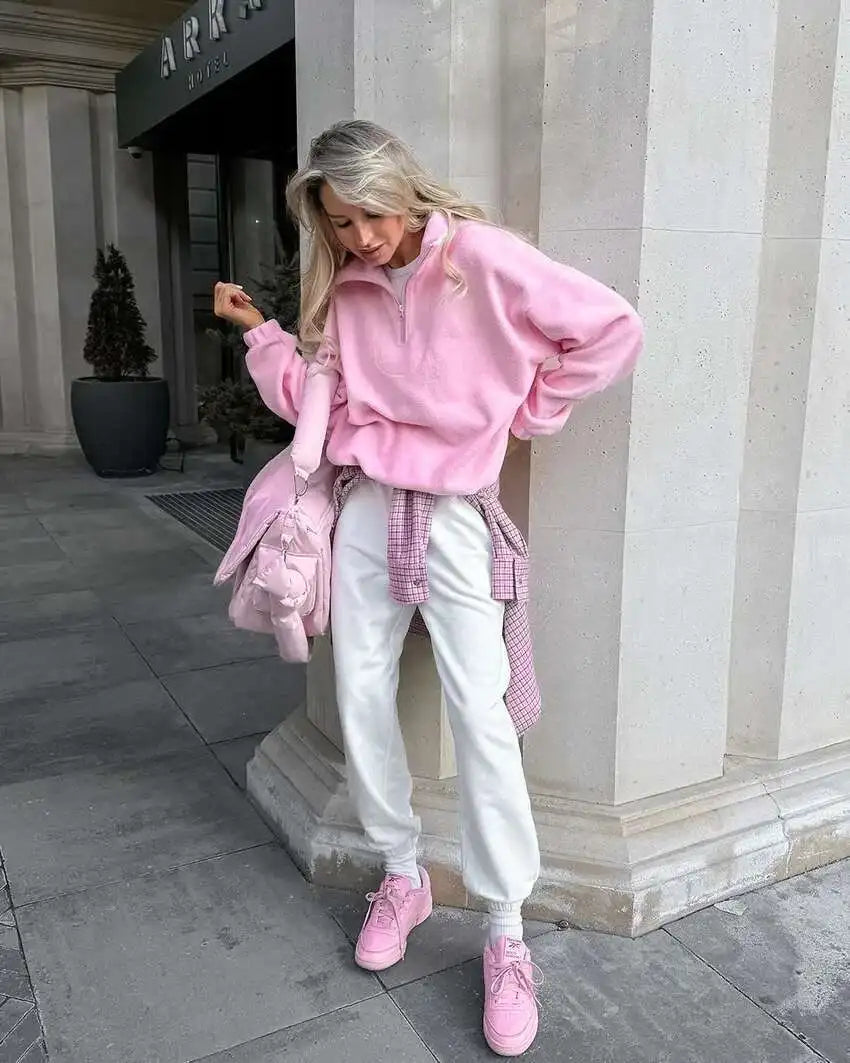 UCXQ Fashion Pullover Sweatshirt European Style Solid Color Long Sleeve All Match Loose Casual Top Women 2025 Spring Autumn 1497
