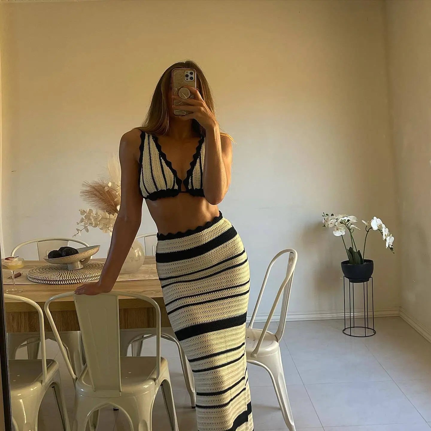 Tossy Knit Striped 2 Piece-Set Long Skirt Female Ruffled V-Neck Casual Beach Holiday Contrast Outfits Knitwear Maxi Skirt Sets