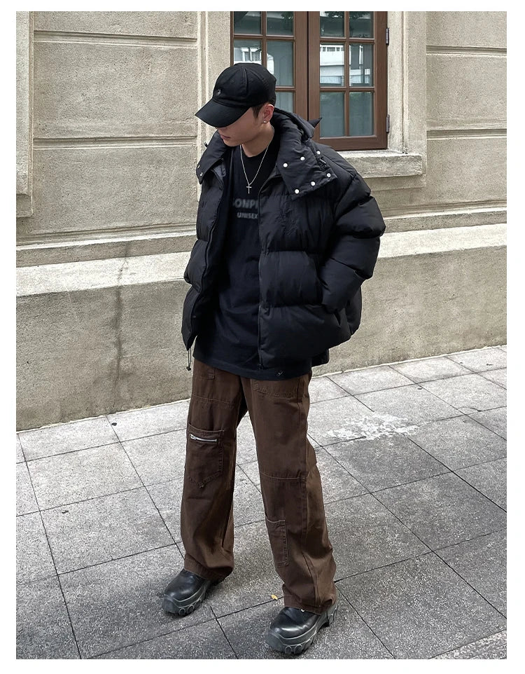 Cotton-Padded Hip Hop Parkas Men Devil Horns Winter Hooded Down Jacket Retro Y2K Thicken Puffer High Street Loose Bubbles Coats