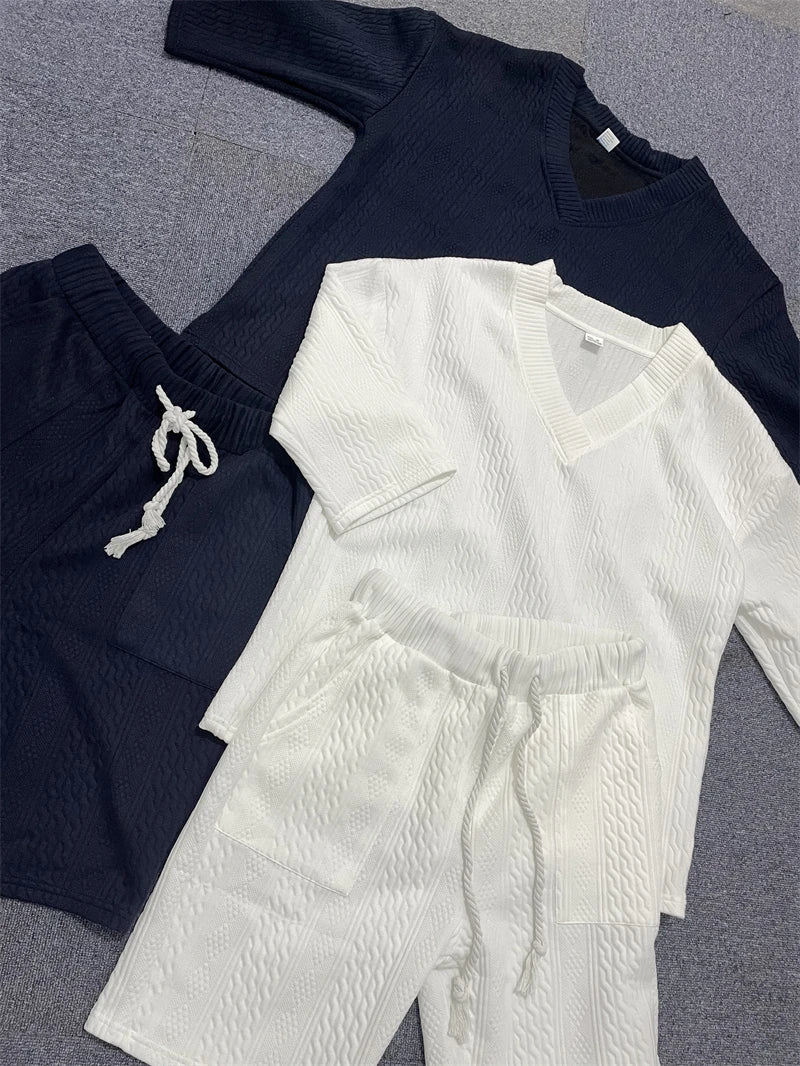 2024 Spring and Summer Casual Shorts Set Knitted Two Piece Men's V-neck Short Sleeve T-shirt and Shorts Street Wear Knitted Set