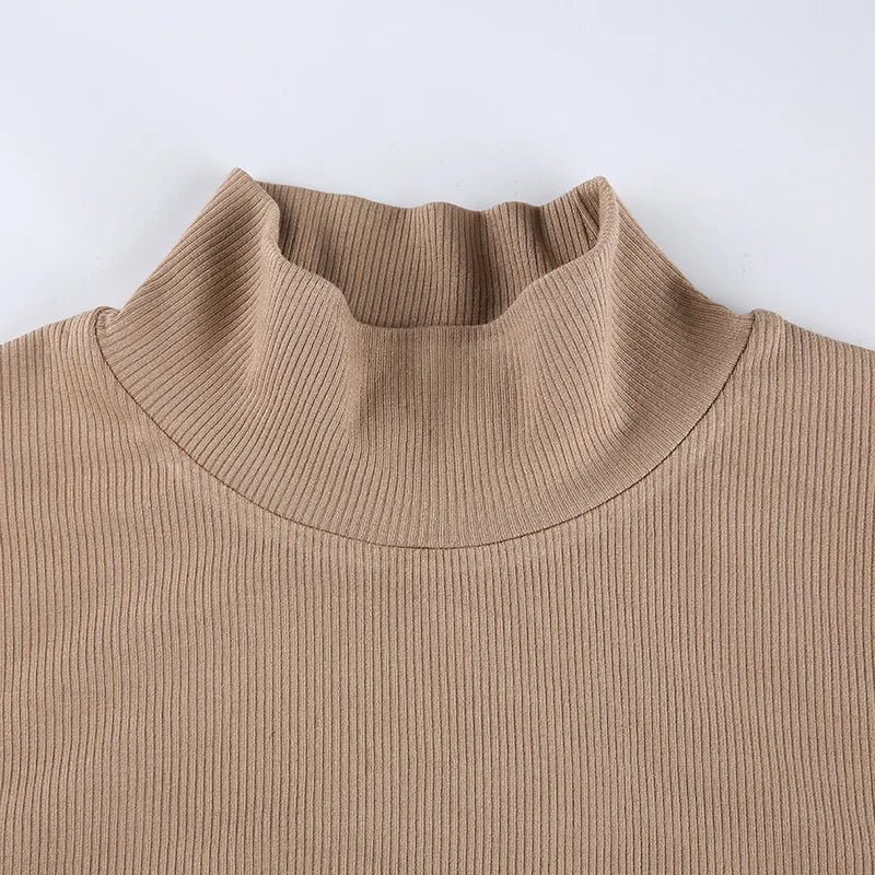Solid Nude Turtleneck Cropped T Shirt Women Autumn Casual Long Sleeve T-shirt Ladies Skinny Basic Tee Shirt Femme