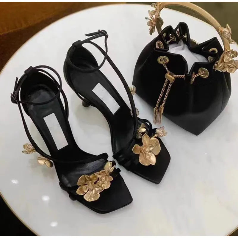 Star style Metal Flowers Women Sandals Sexy Narrow band Stiletto High heels Gladiator Sandals Summer Fashion Party Prom Shoes