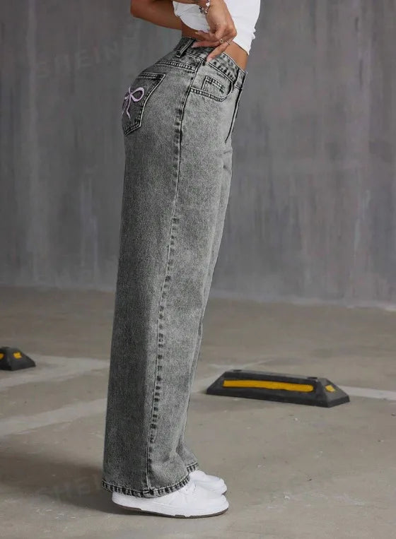 Women Wide Leg Boyfriend Jeans Straight Hip Hop Bow Embroidery Denim Pants Low Waist Baggy Jeans Casual Loose Jeans Streetwear