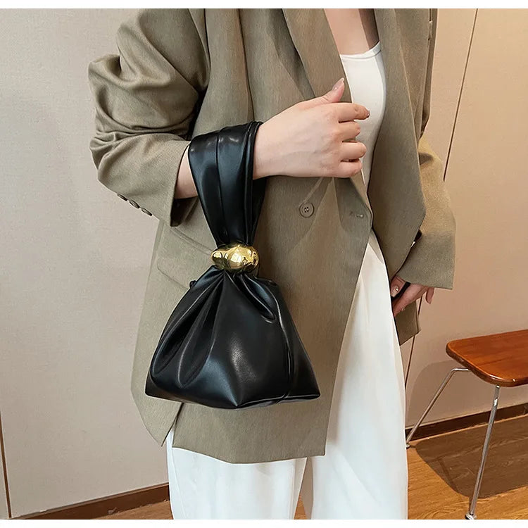 Solid Color PU Leather Handbag Pleated Cloud Shaped Women Bucket Bag, Fashionable Burgundy Women's Luxury Bag